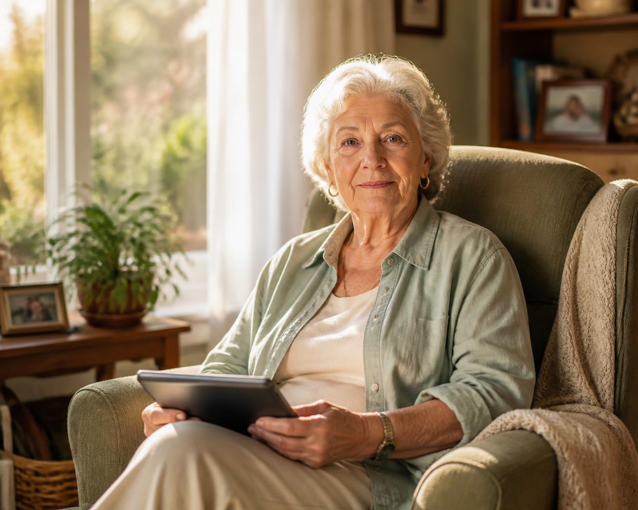 An older woman sitting in a cozy armchair holding a tablet, soft window light, a plant and framed photos on a shelf behind her